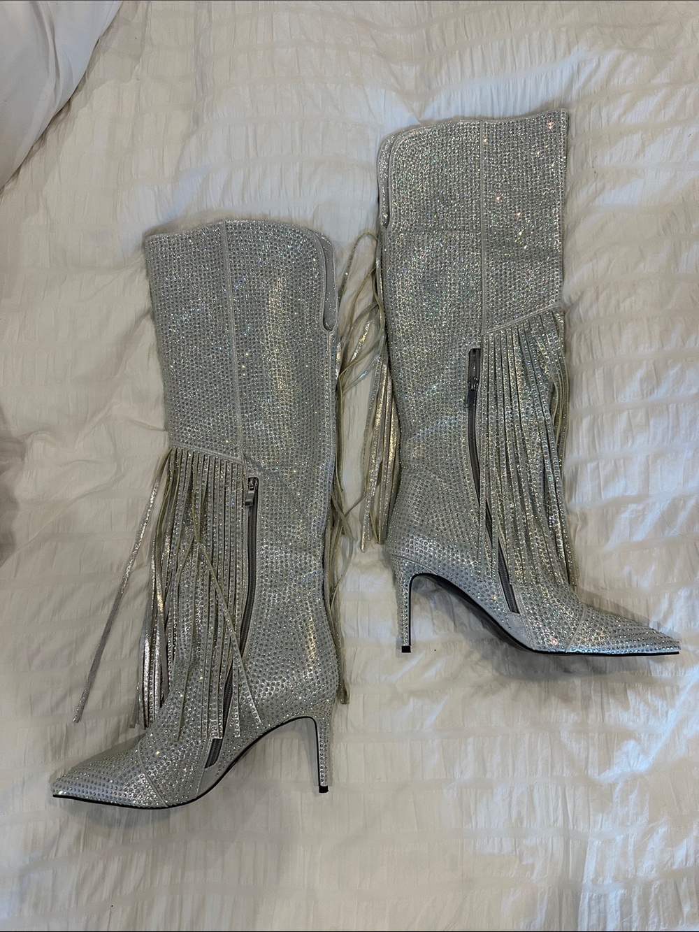 Silver Rhinestone Fringe high Stiletto Boots - Picture 5 of 9